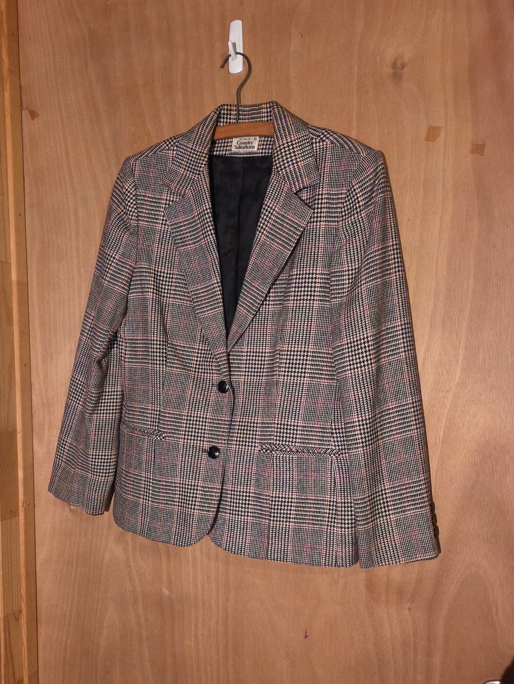 Vintage 80s Women's Glen Plaid Tailored Blazer with Red Accents